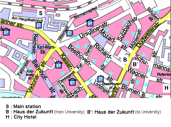 Location of station, Haus der Zukunft and City Hotel